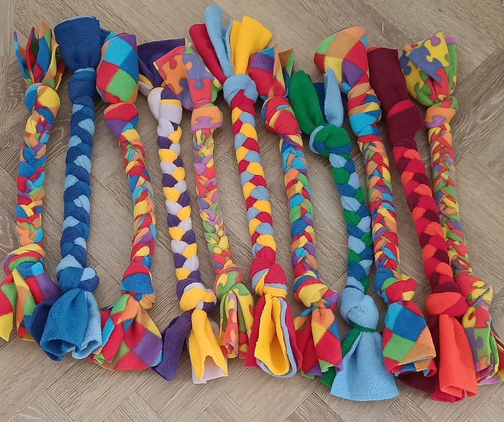 Fleece plaited Dog tug Multicolored Puppy Chew training toy, throw and fetch game