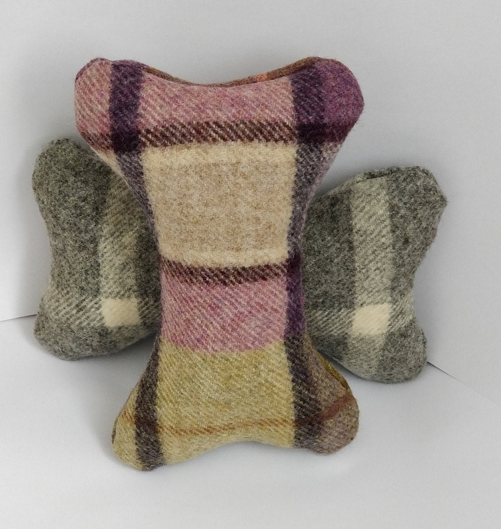 Tweed Sheepskin Filled Dog Bone Toy – Natural Wool Upholstery Fabric, Squeaker Option