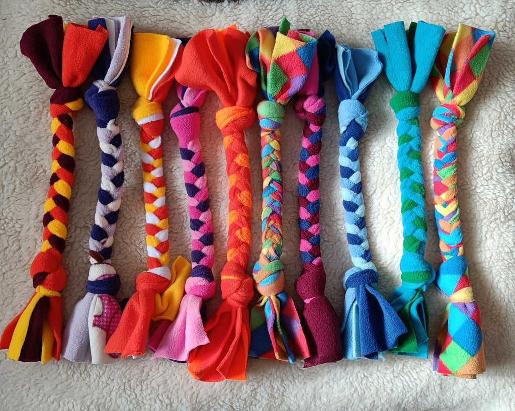 Fleece plaited Dog tug Multicolored Puppy Chew training toy, throw and fetch game
