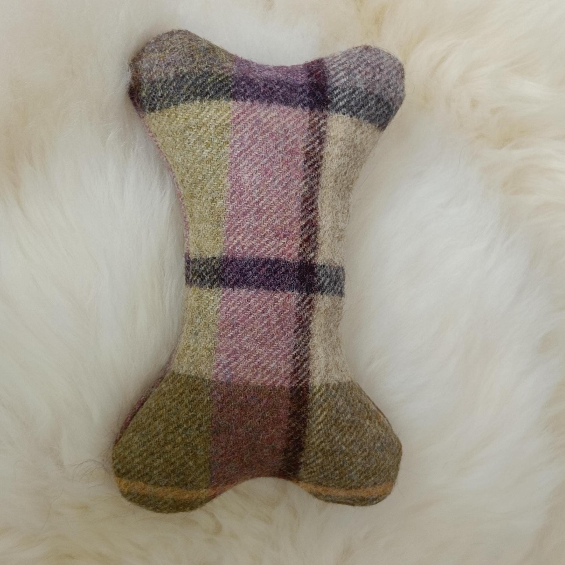Tweed Sheepskin Filled Dog Bone Toy – Natural Wool Upholstery Fabric, Squeaker Option