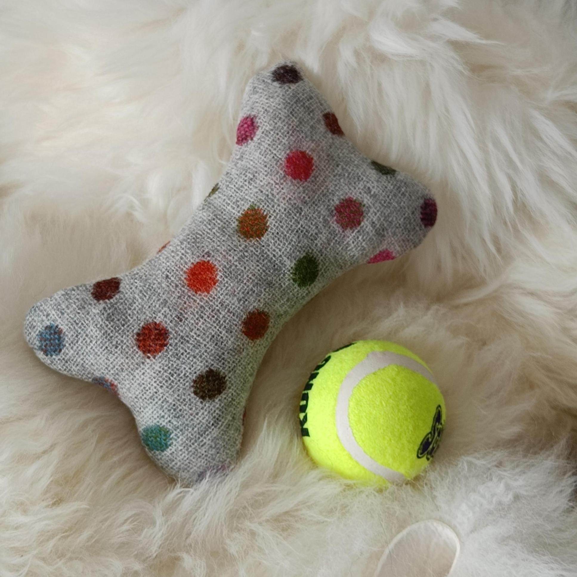 Fabric bone for small dogs and puppies. Sheepskin filled toy. Natural pet toy
