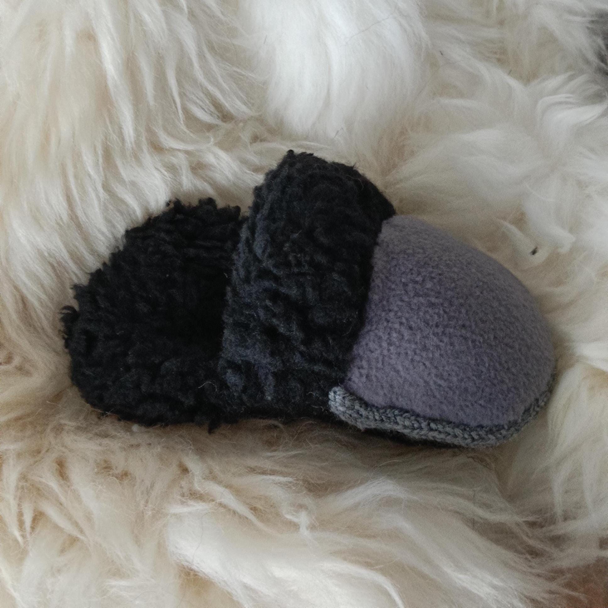 Small dogs slipper toy, faux fur and fleece comforter, crunchy crackling dog toy