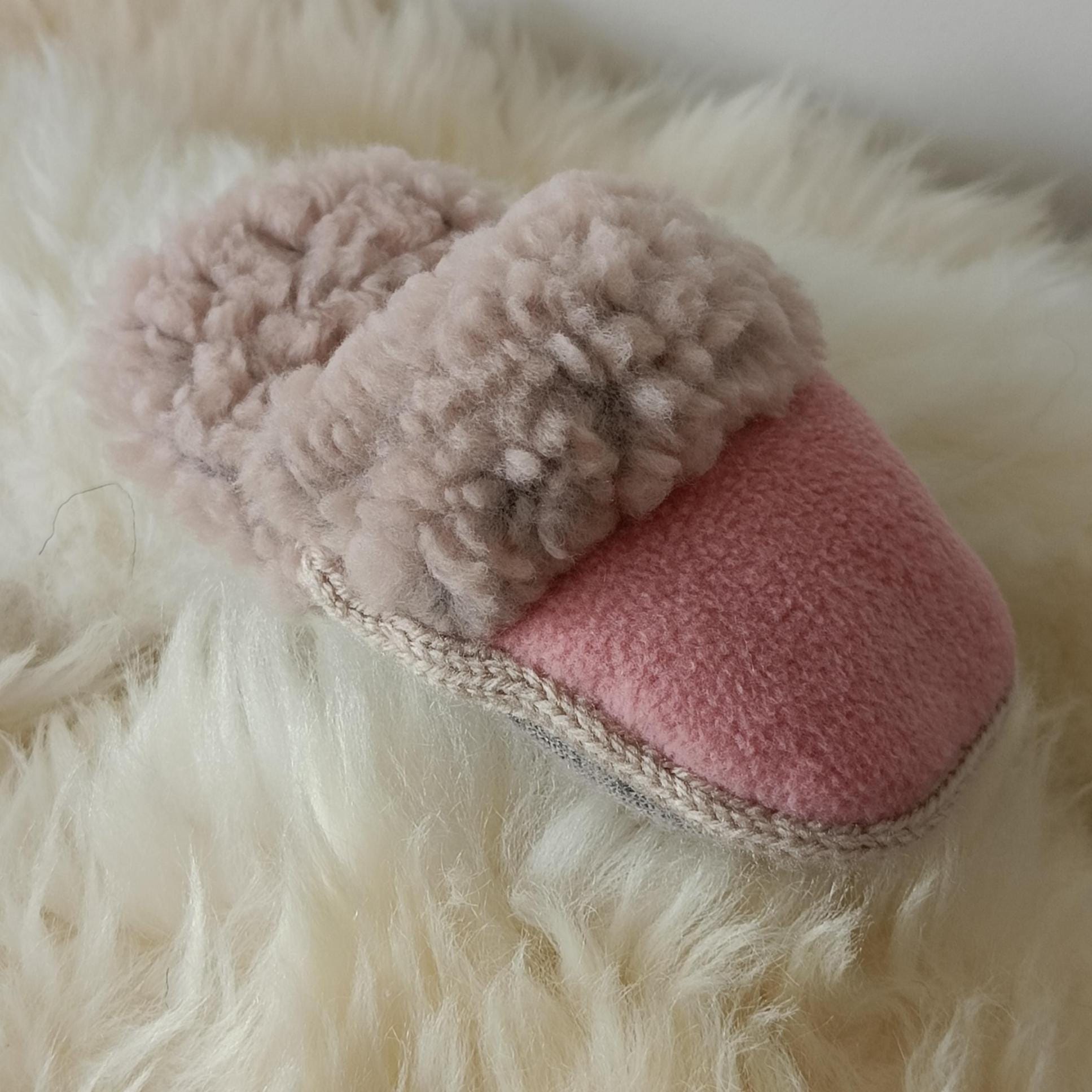 Small dogs slipper toy, faux fur and fleece comforter, crunchy crackling dog toy