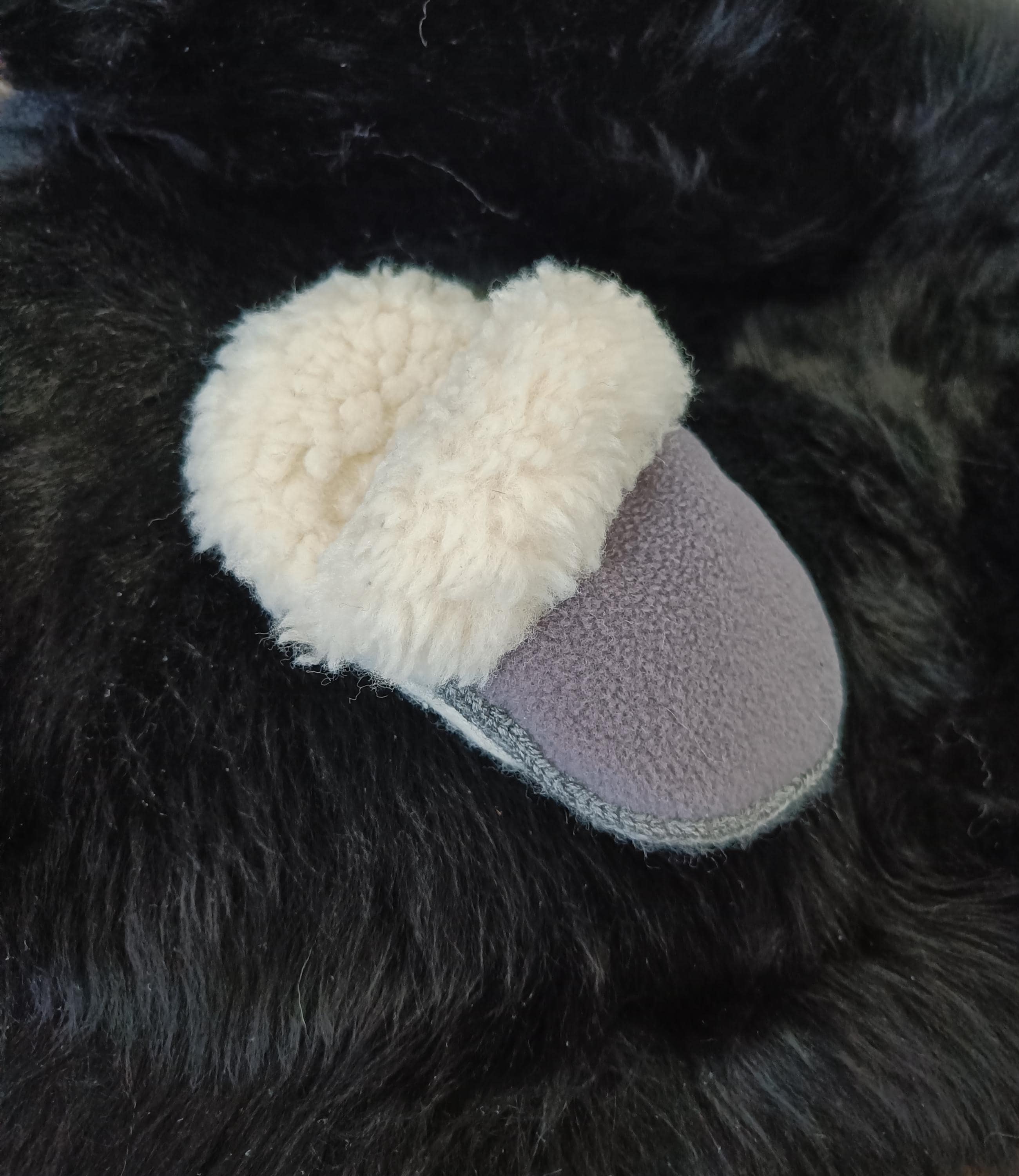 Small dogs slipper toy, faux fur and fleece comforter, crunchy crackling dog toy