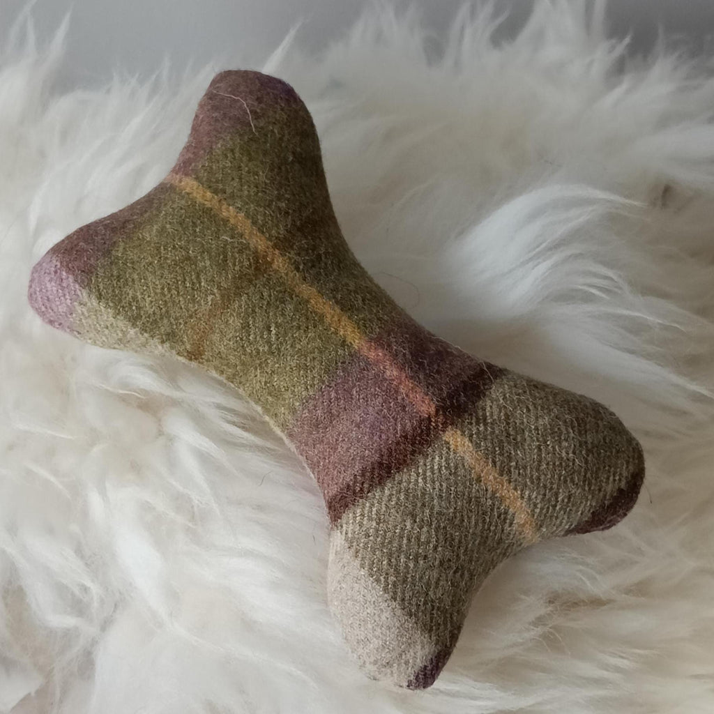 Fabric bone for small dogs and puppies. Sheepskin filled toy. Natural pet toy