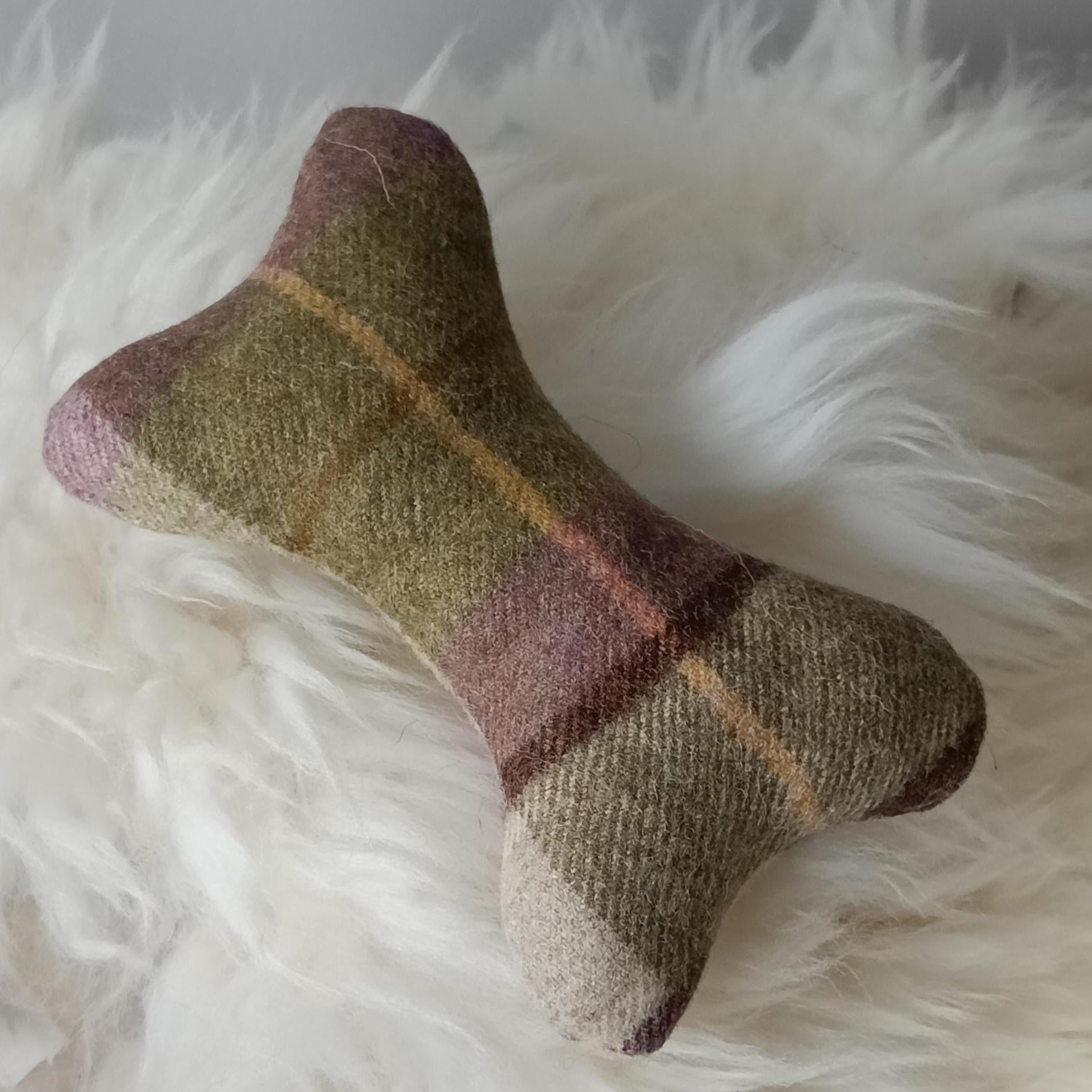 Fabric bone for small dogs and puppies. Sheepskin filled toy. Natural pet toy