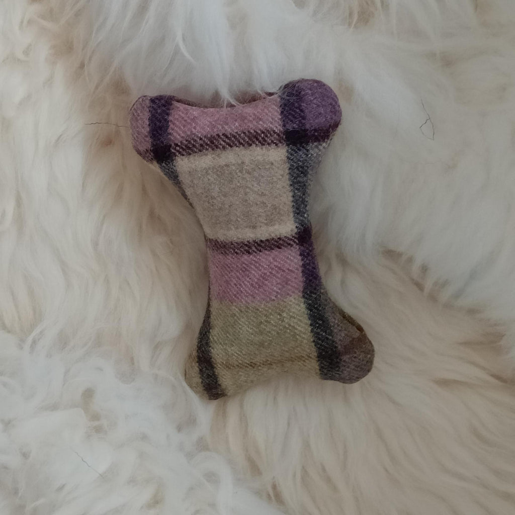 Fabric bone for small dogs and puppies. Sheepskin filled toy. Natural pet toy