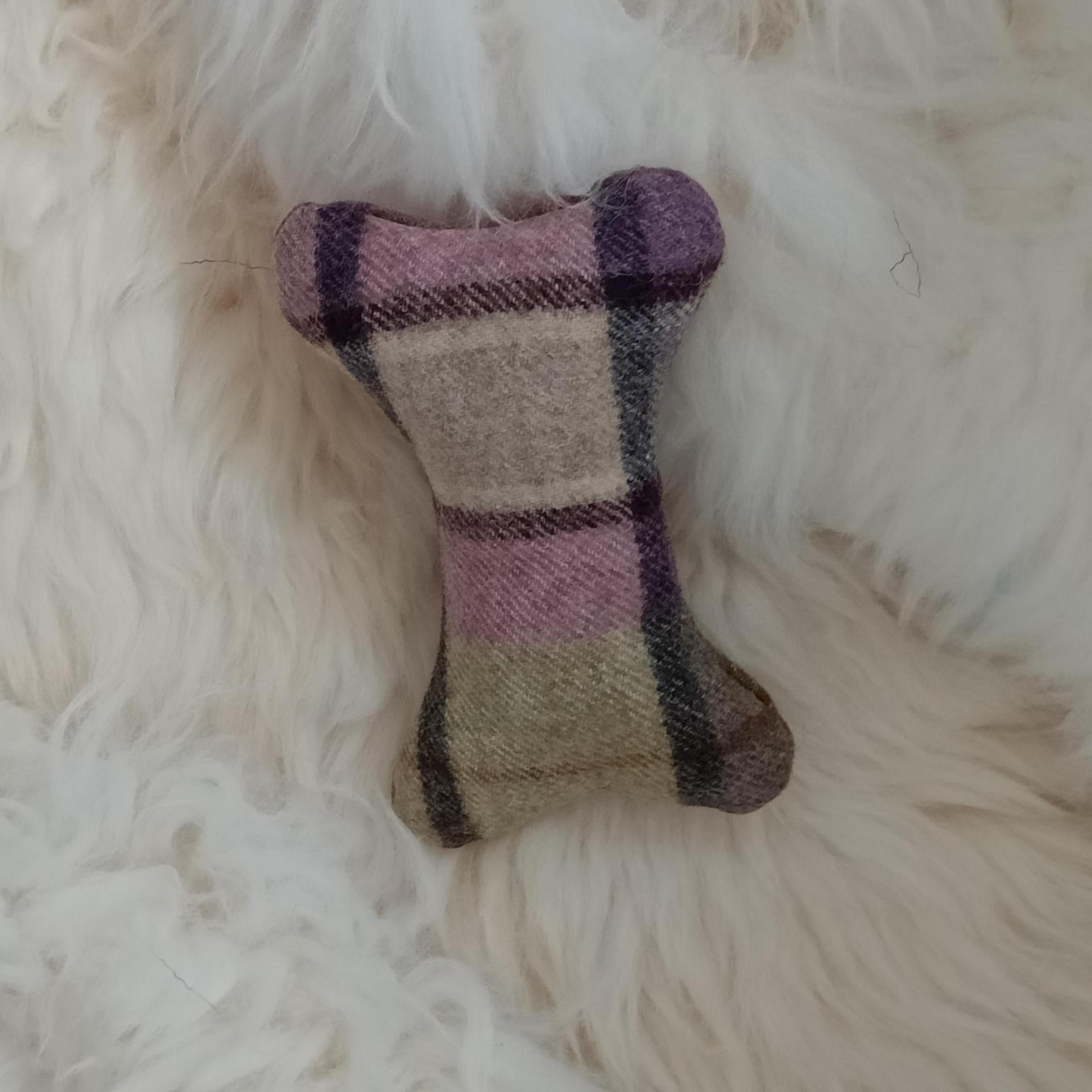 Fabric bone for small dogs and puppies. Sheepskin filled toy. Natural pet toy