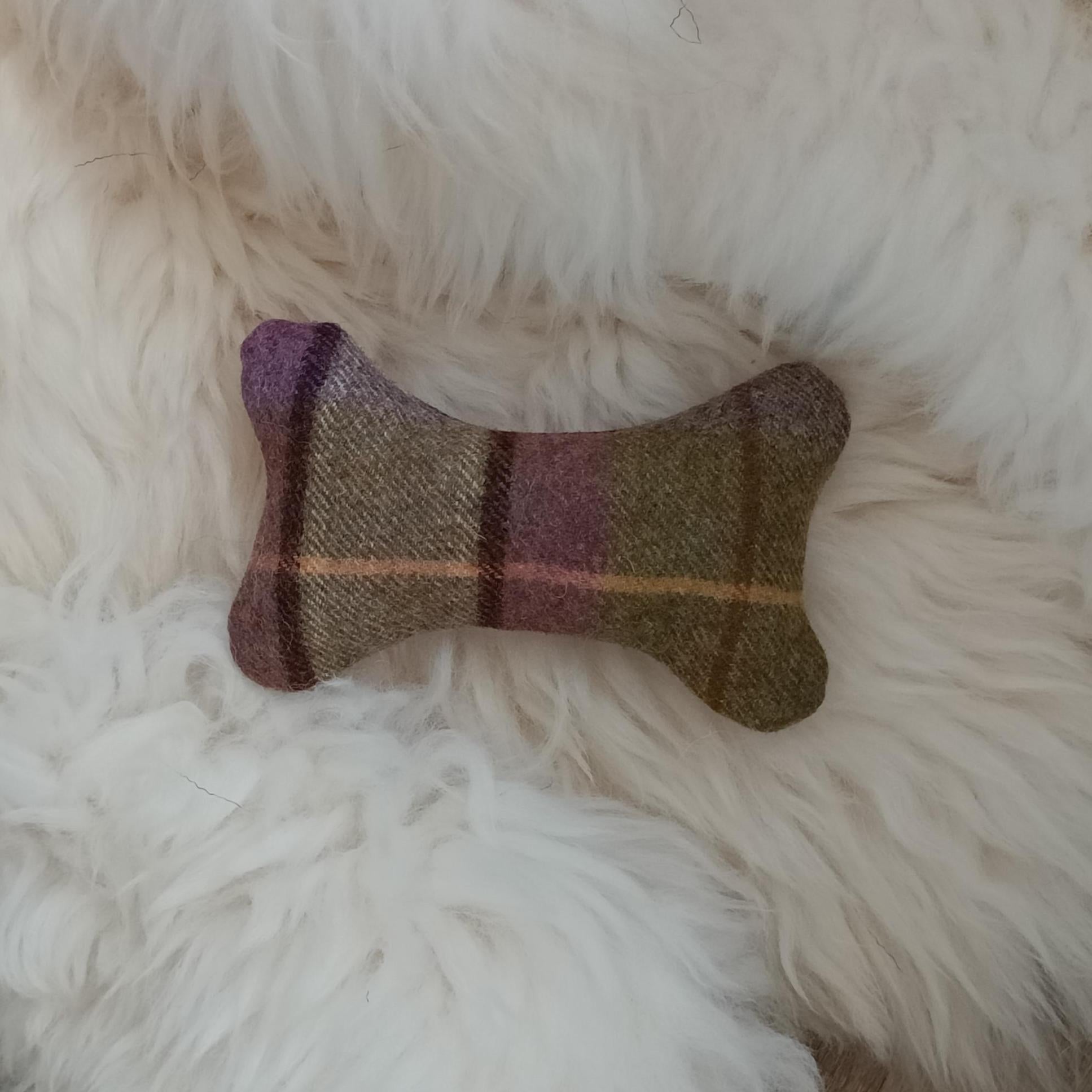 Fabric bone for small dogs and puppies. Sheepskin filled toy. Natural pet toy