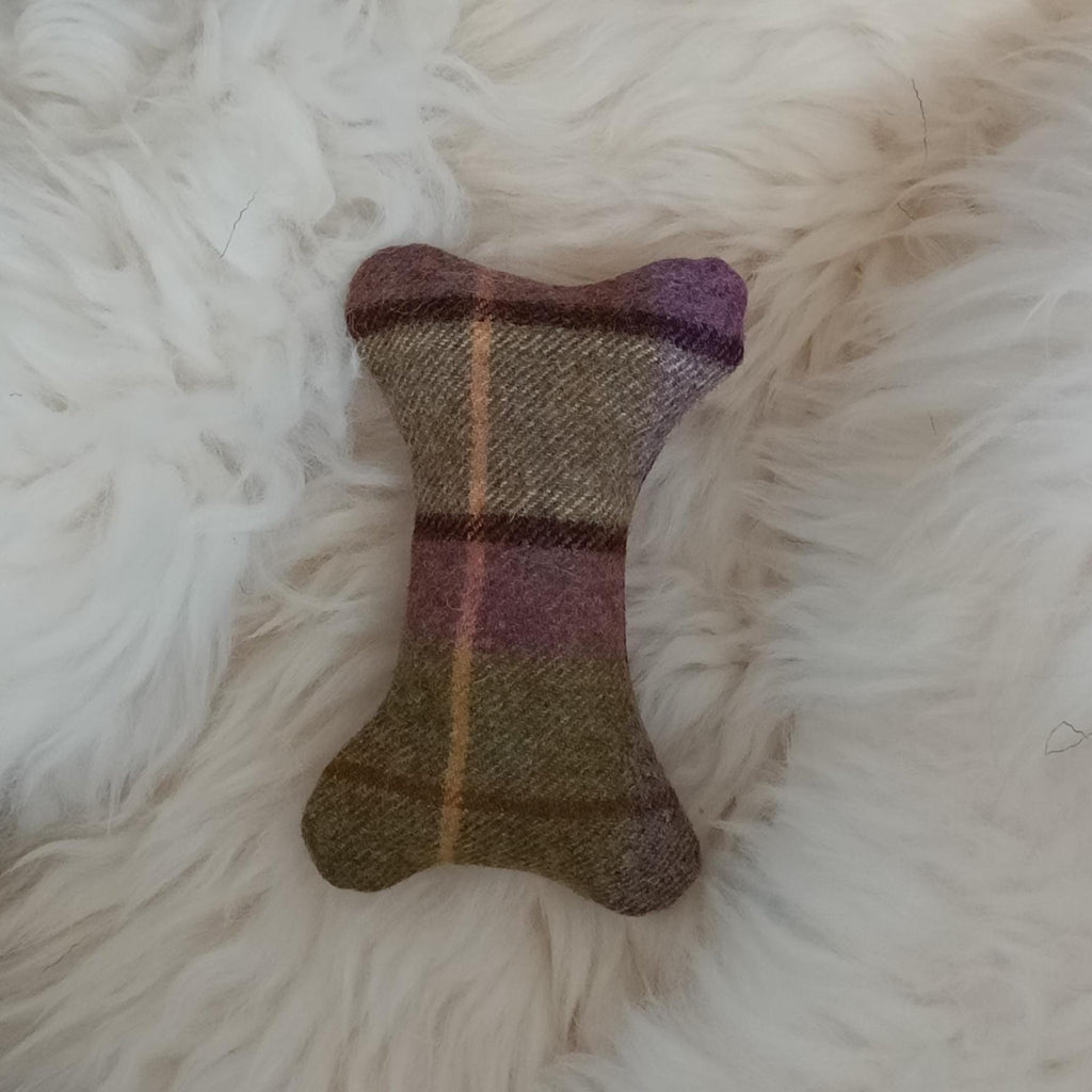 Tweed Sheepskin Filled Dog Bone Toy – Natural Wool Upholstery Fabric, Squeaker Option