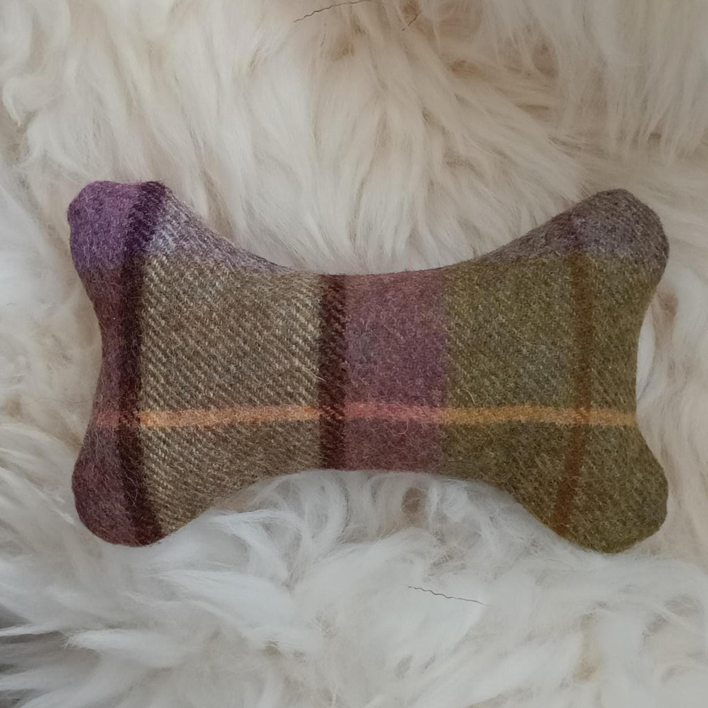 Tweed Sheepskin Filled Dog Bone Toy – Natural Wool Upholstery Fabric, Squeaker Option