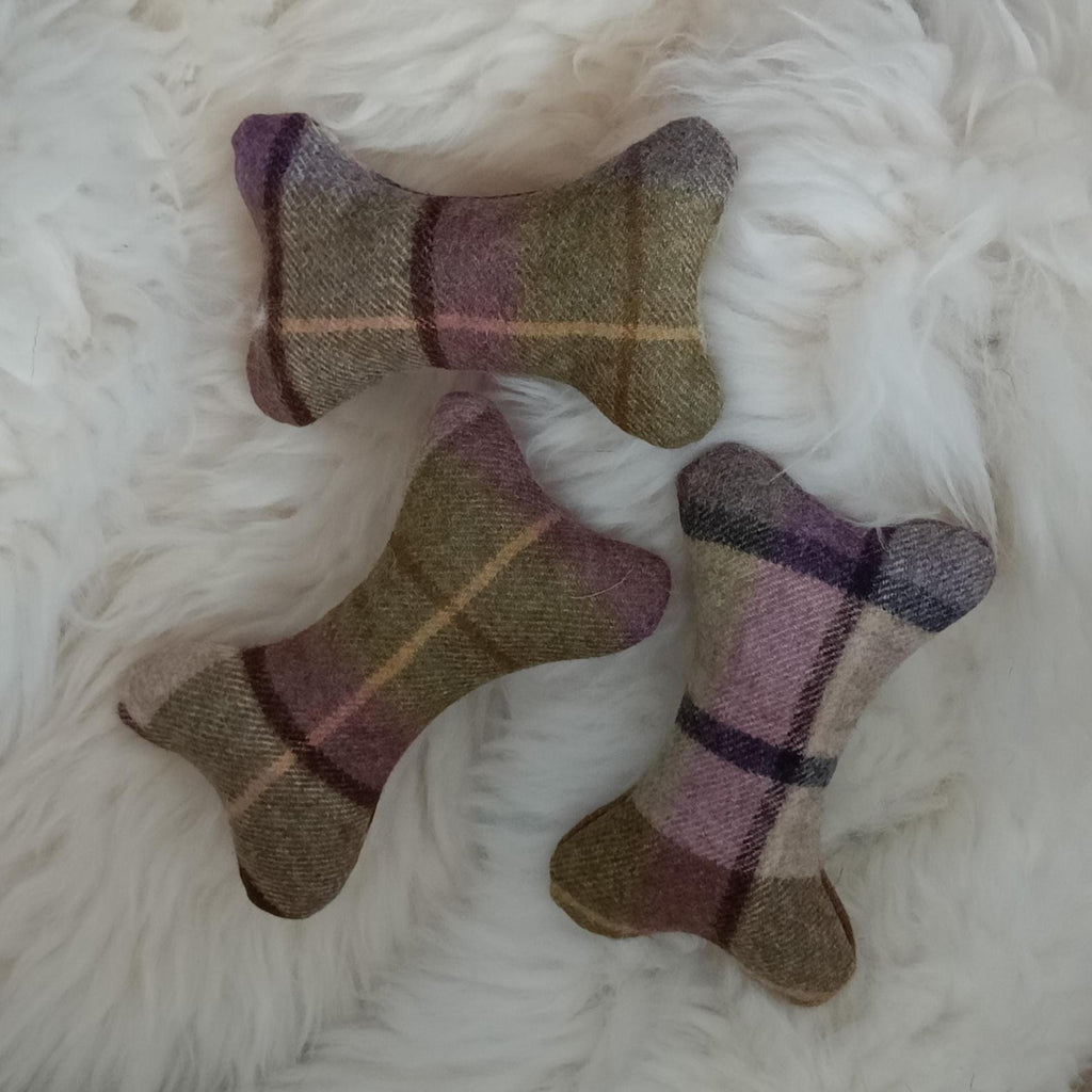 Tweed Sheepskin Filled Dog Bone Toy – Natural Wool Upholstery Fabric, Squeaker Option