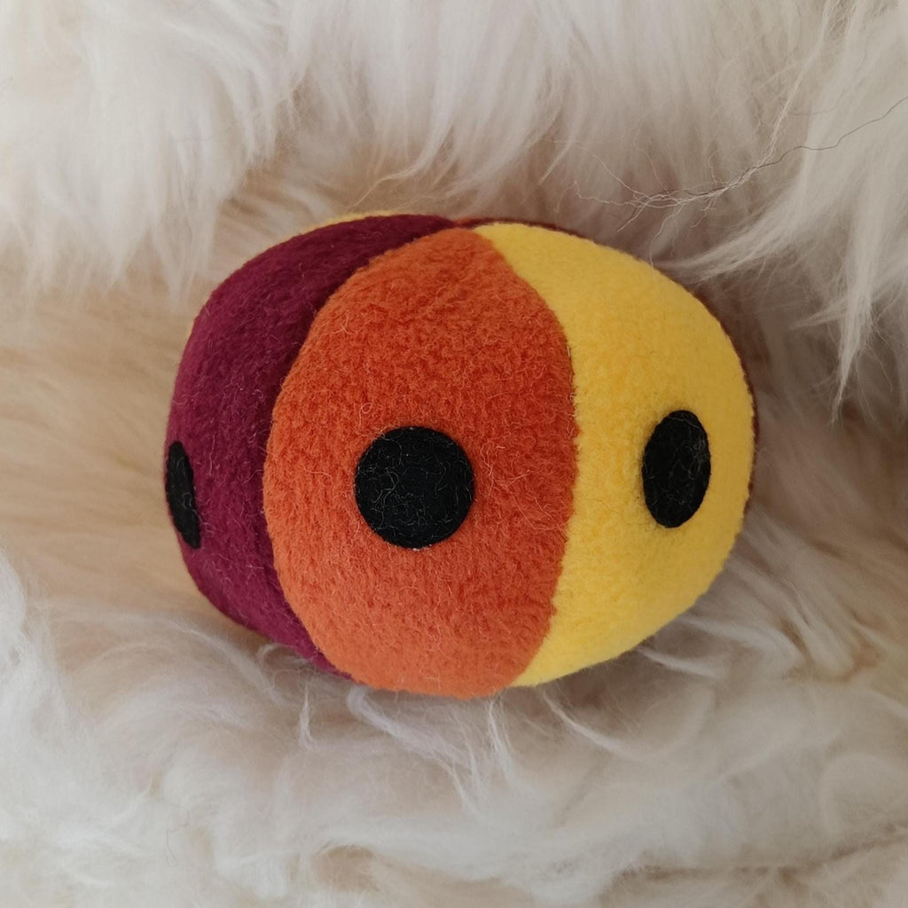 Soft Fleece dog ball with spots, soft sheepskin filled pet toy - squeaker option available