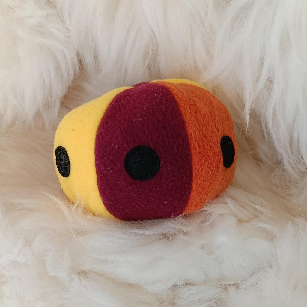 Soft Fleece dog ball with spots, soft sheepskin filled pet toy - squeaker option available