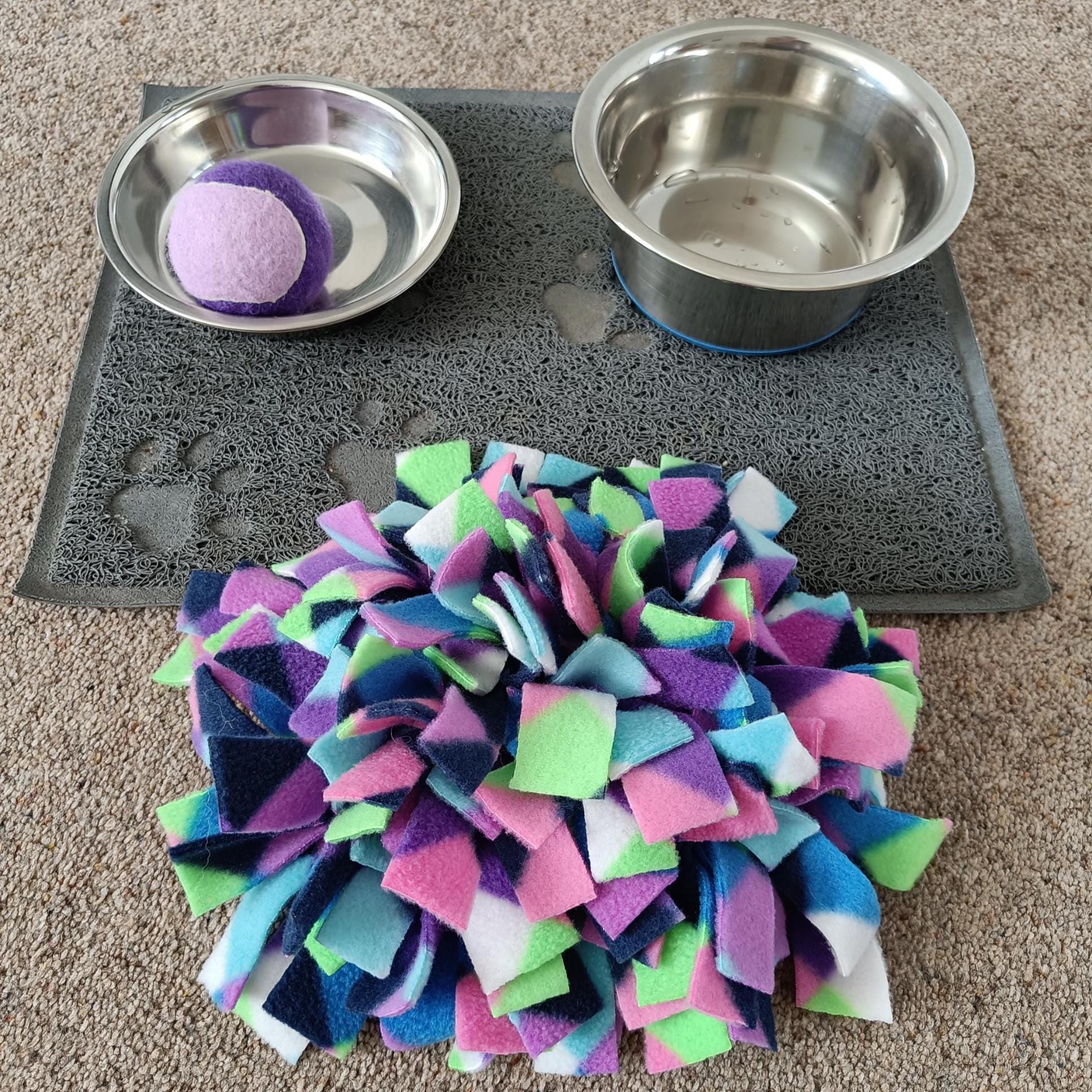 Snuffle mat for small pet, treat dispenser, foraging, sniffing, finding snacks, dog toy