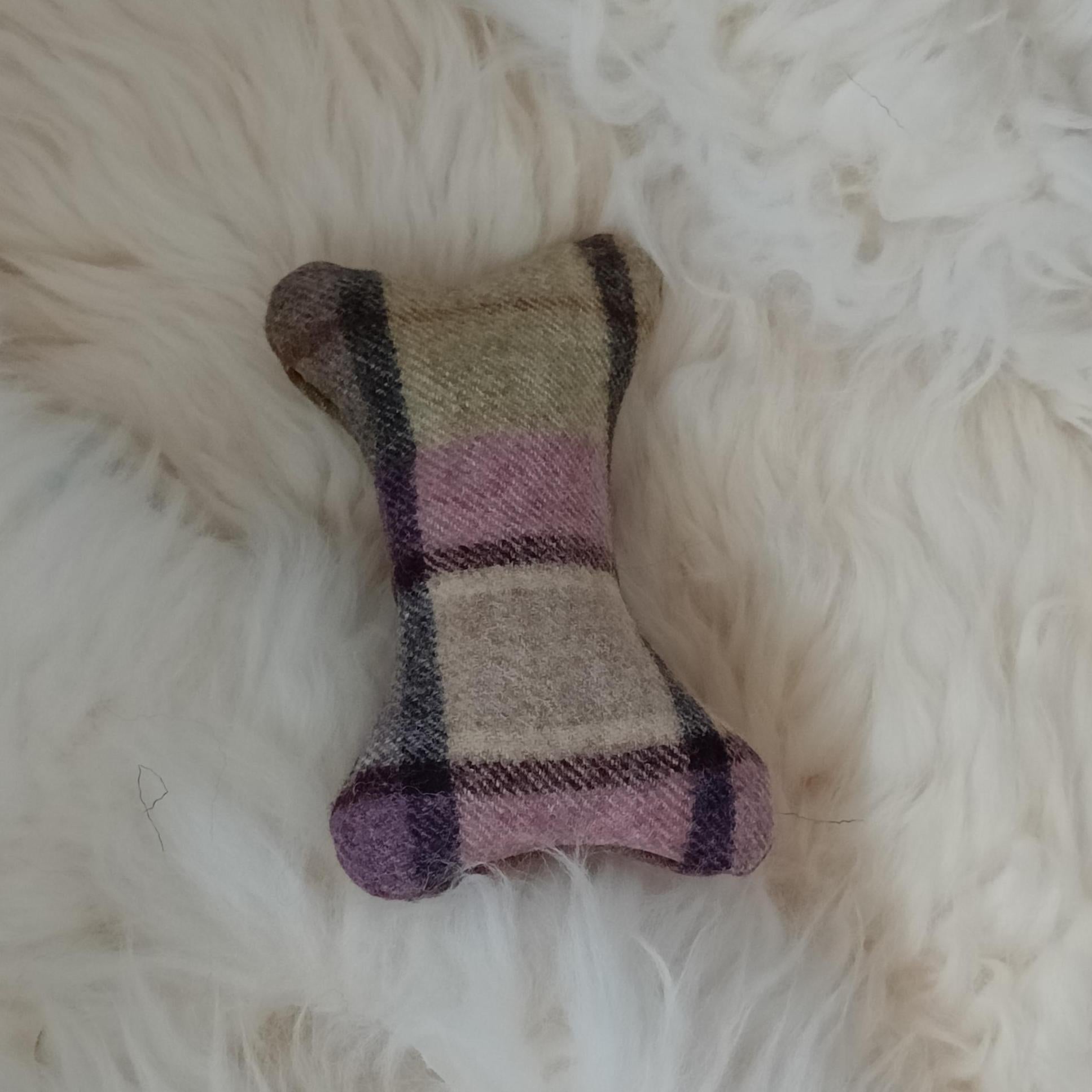Fabric bone for small dogs and puppies. Sheepskin filled toy. Natural pet toy