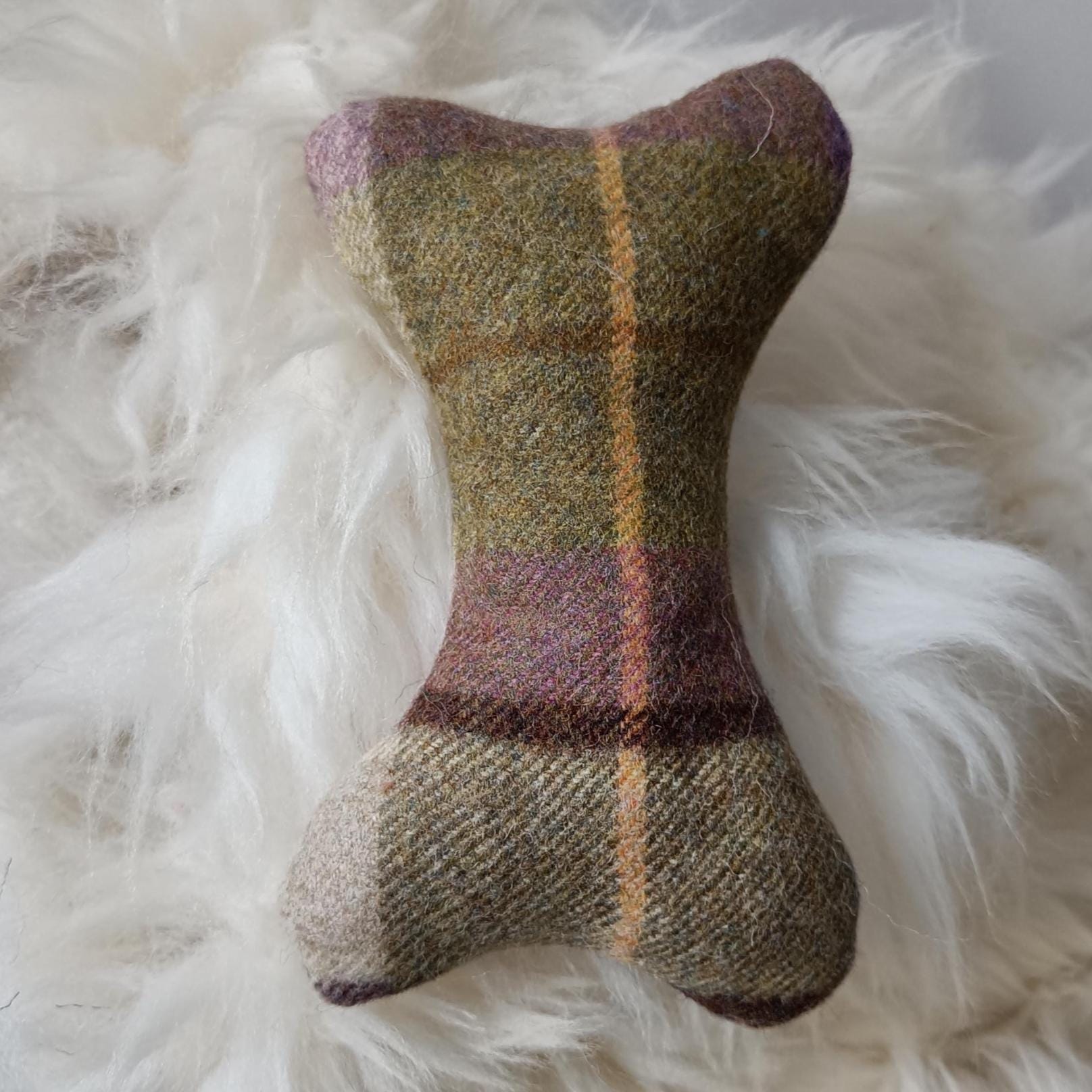 Tweed Sheepskin Filled Dog Bone Toy – Natural Wool Upholstery Fabric, Squeaker Option