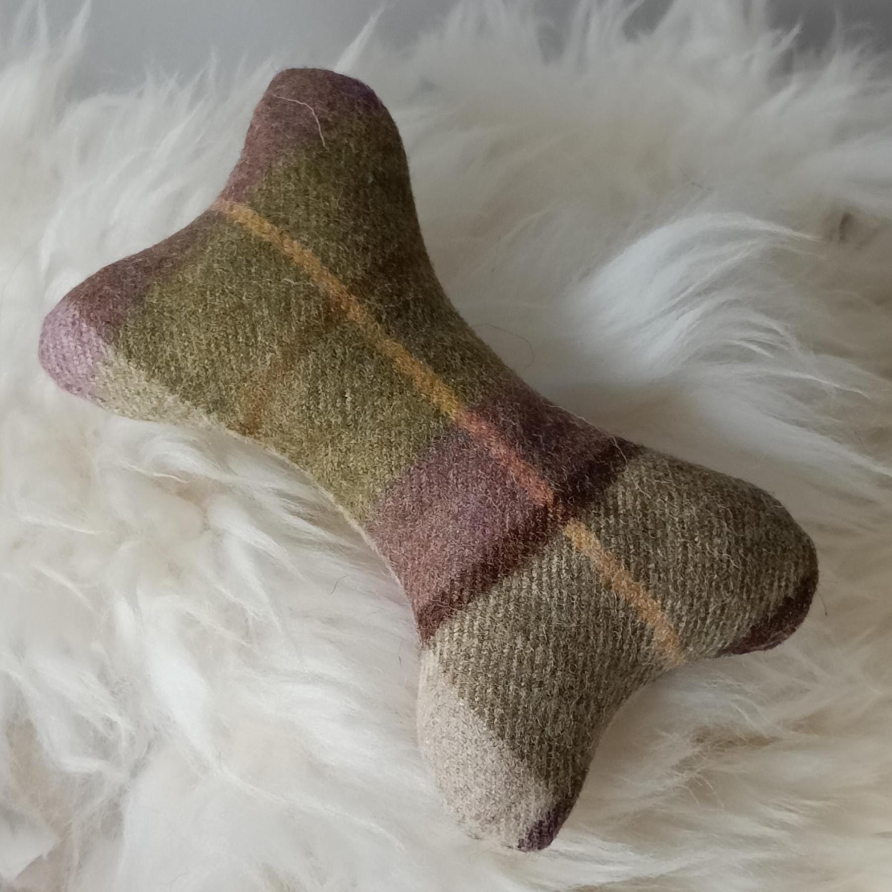 Tweed Sheepskin Filled Dog Bone Toy – Natural Wool Upholstery Fabric, Squeaker Option
