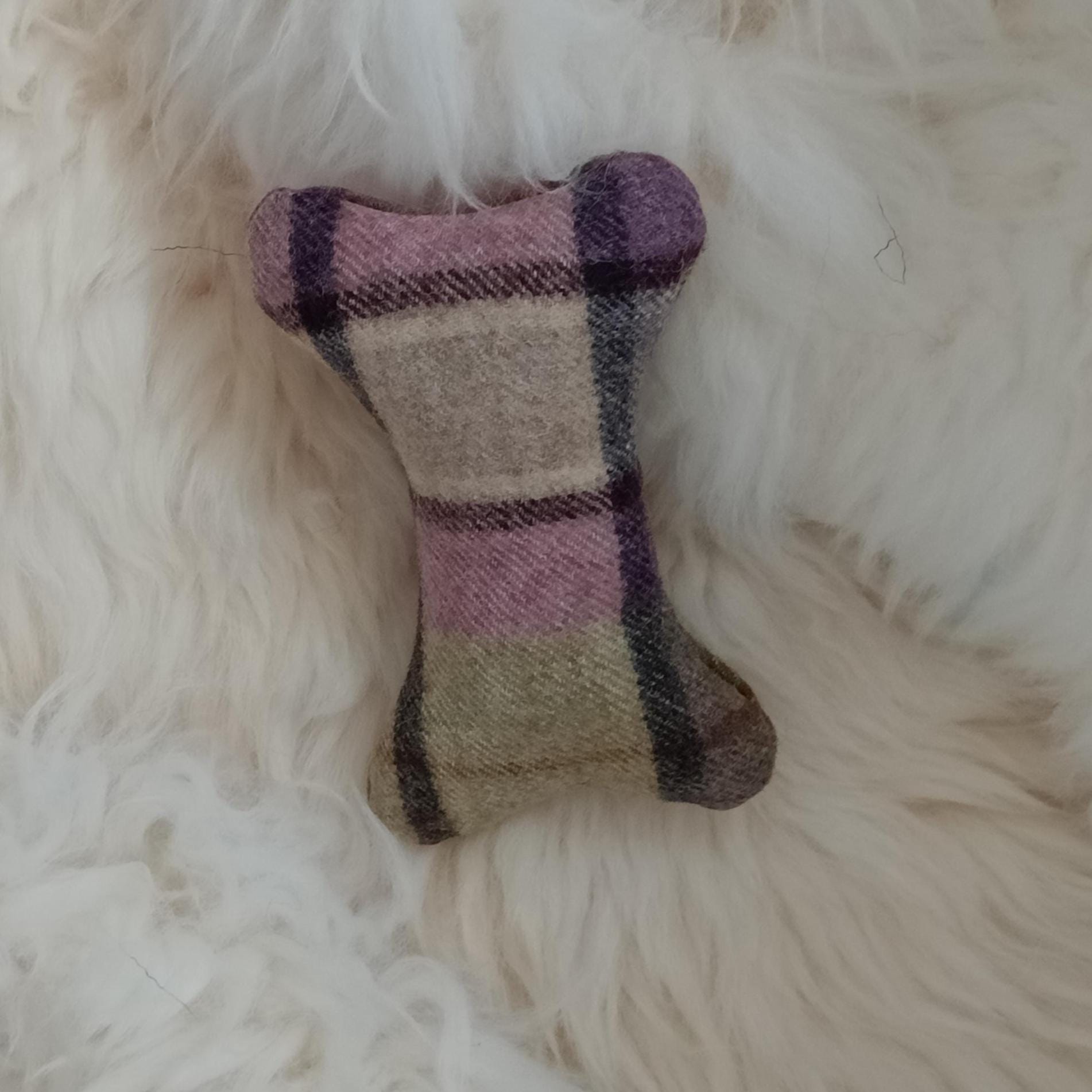 Tweed Sheepskin Filled Dog Bone Toy – Natural Wool Upholstery Fabric, Squeaker Option