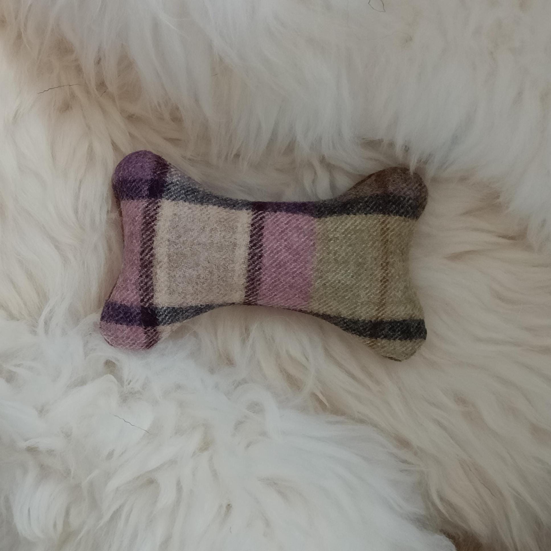 Tweed Sheepskin Filled Dog Bone Toy – Natural Wool Upholstery Fabric, Squeaker Option