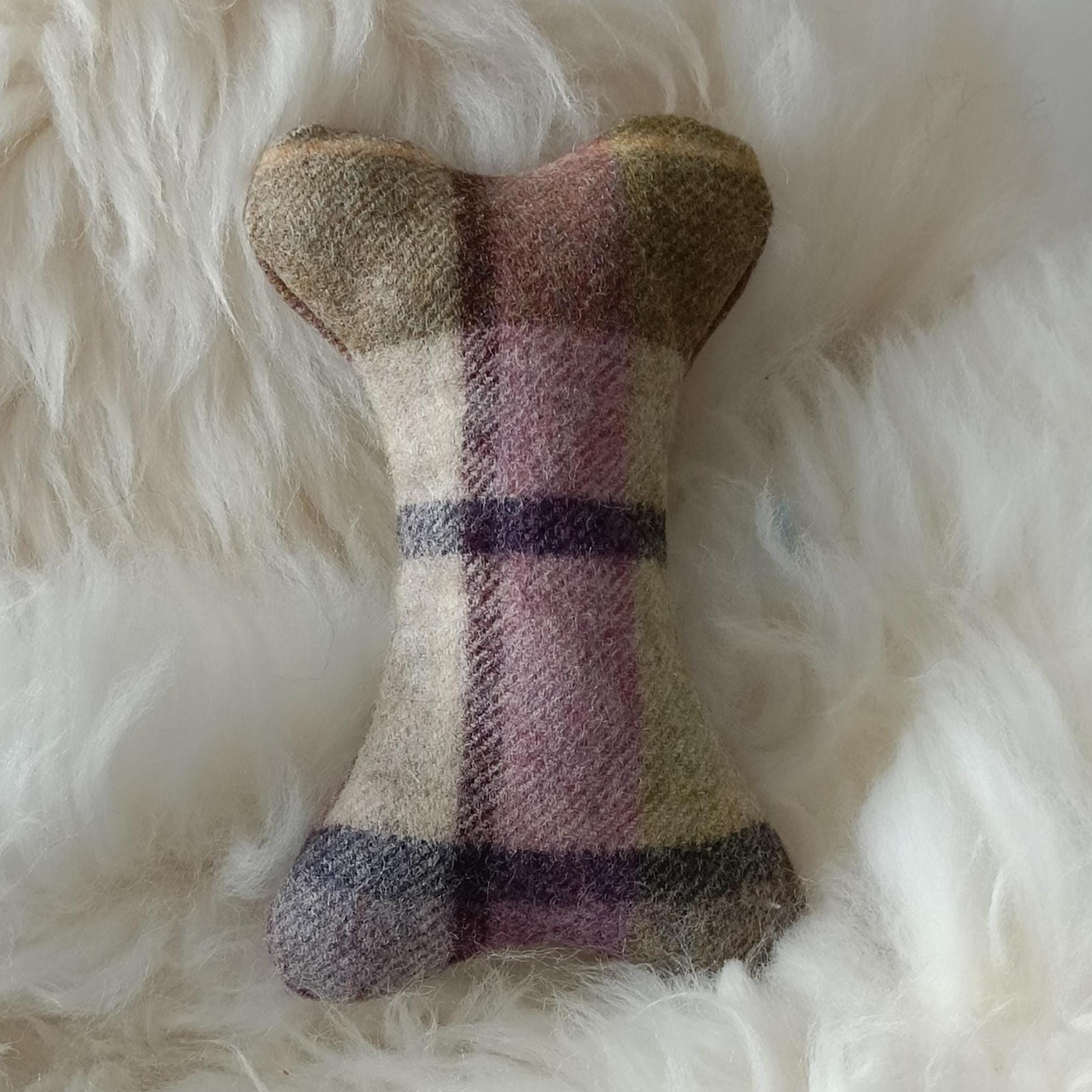 Tweed Sheepskin Filled Dog Bone Toy – Natural Wool Upholstery Fabric, Squeaker Option