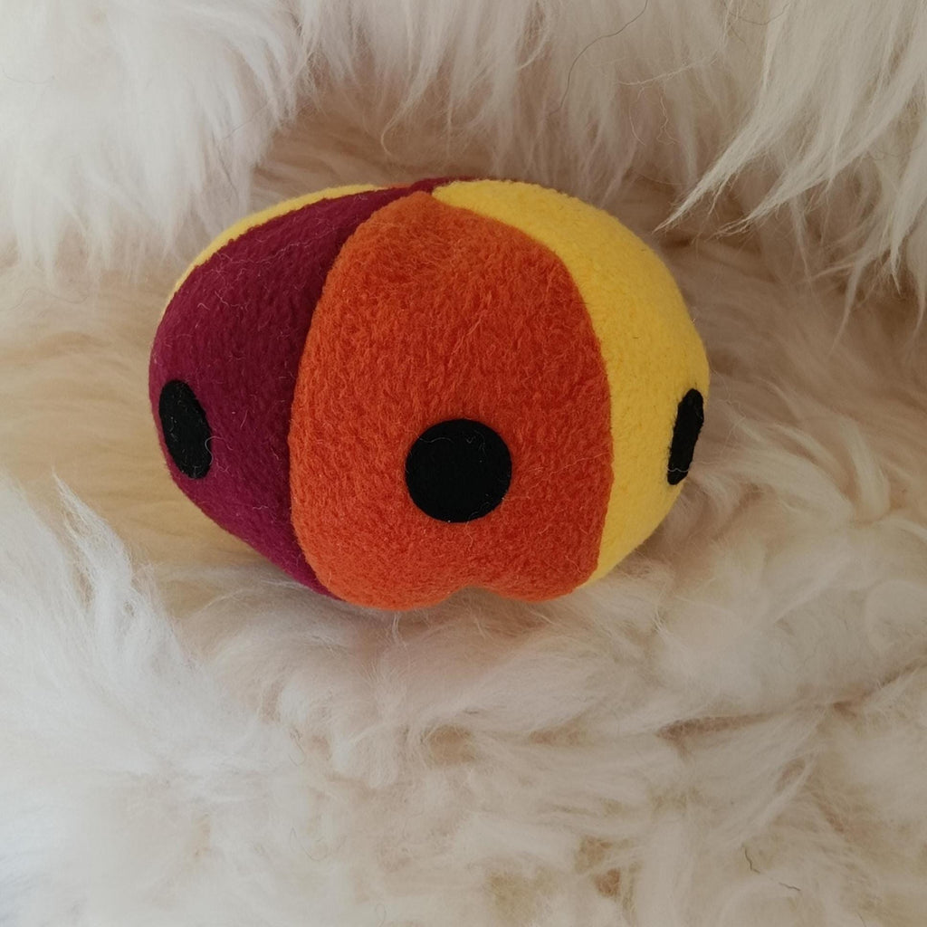 Soft Fleece dog ball with spots, soft sheepskin filled pet toy - squeaker option available