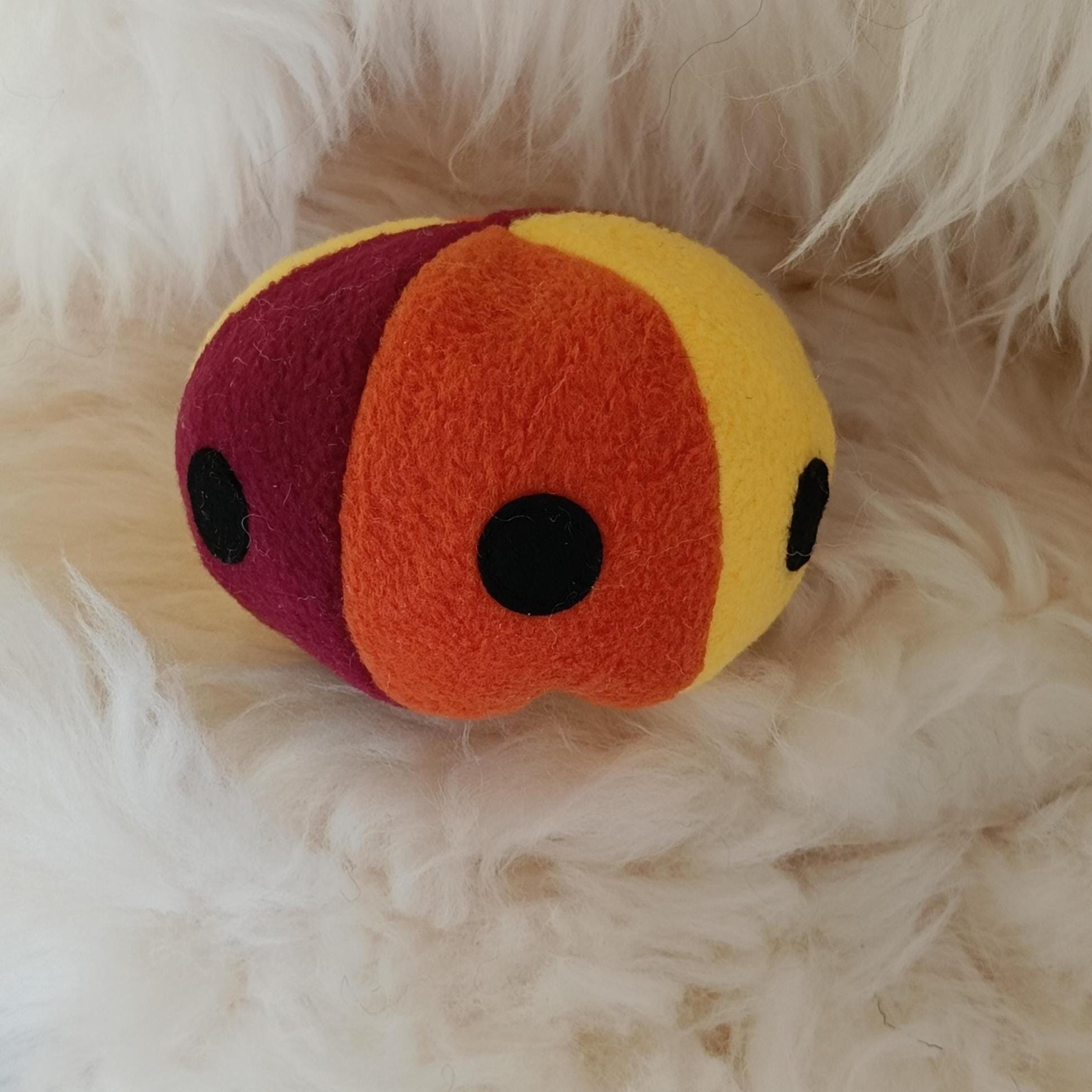 Soft Fleece dog ball with spots, soft sheepskin filled pet toy - squeaker option available