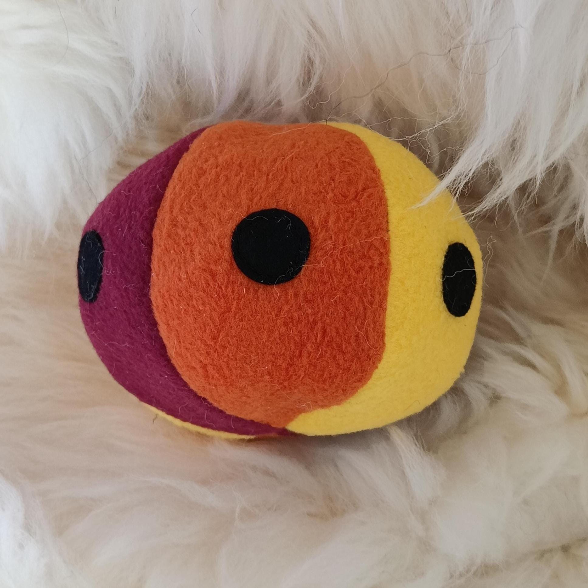 Soft Fleece dog ball with spots, soft sheepskin filled pet toy - squeaker option available