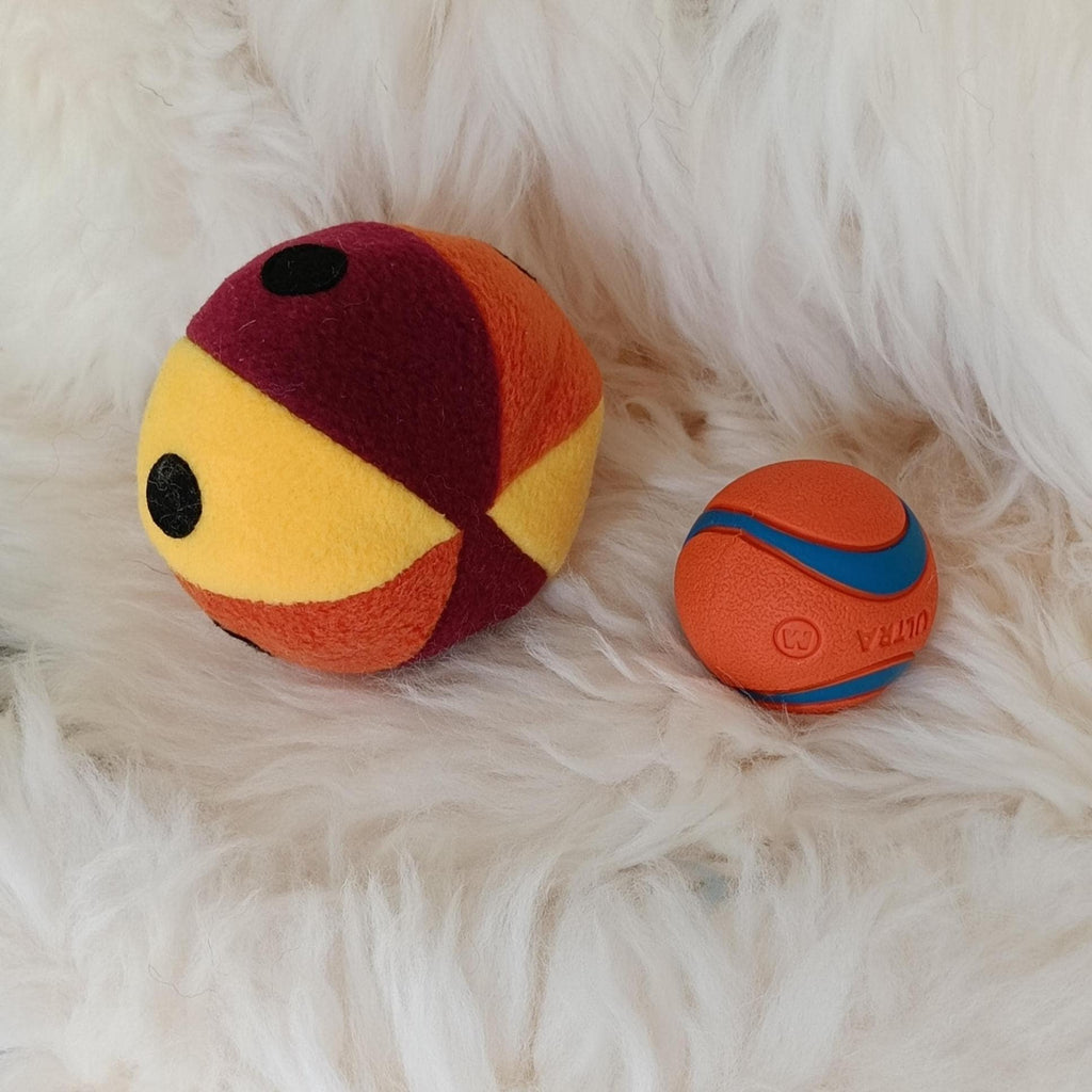 Soft Fleece dog ball with spots, soft sheepskin filled pet toy - squeaker option available