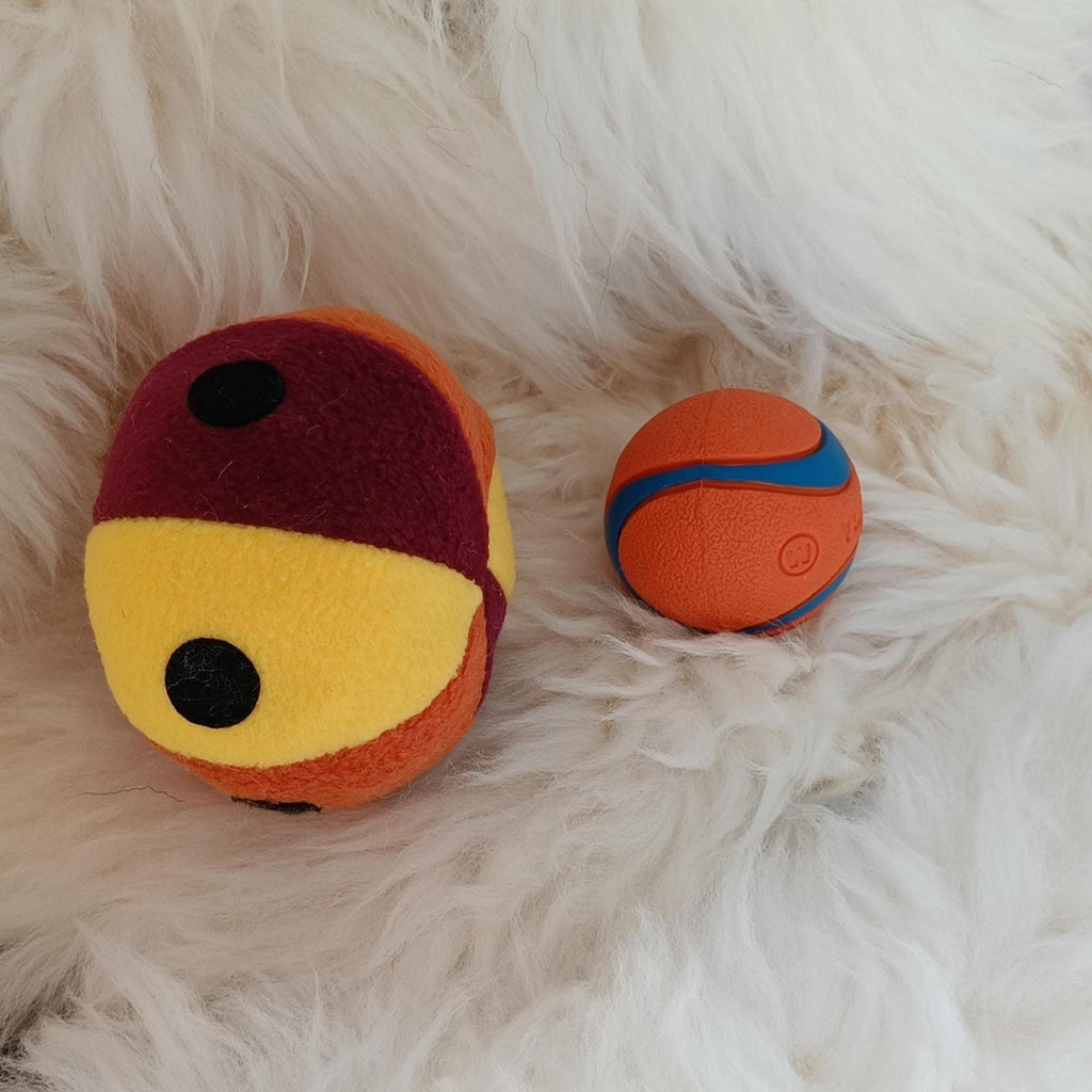 Soft Fleece dog ball with spots, soft sheepskin filled pet toy - squeaker option available