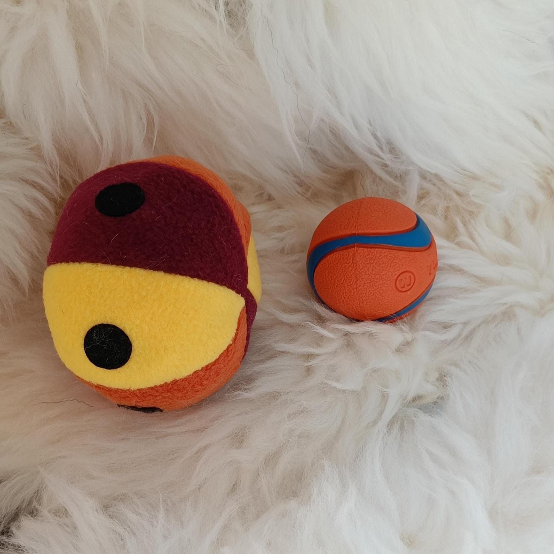 Soft Fleece dog ball with spots, soft sheepskin filled pet toy - squeaker option available