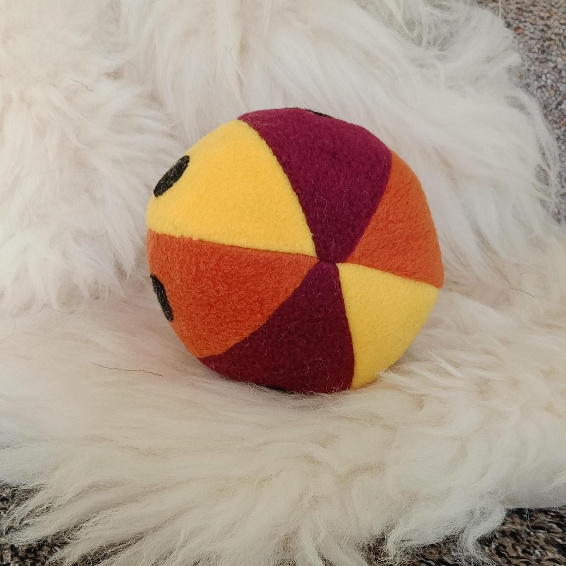 Soft Fleece dog ball with spots, soft sheepskin filled pet toy - squeaker option available