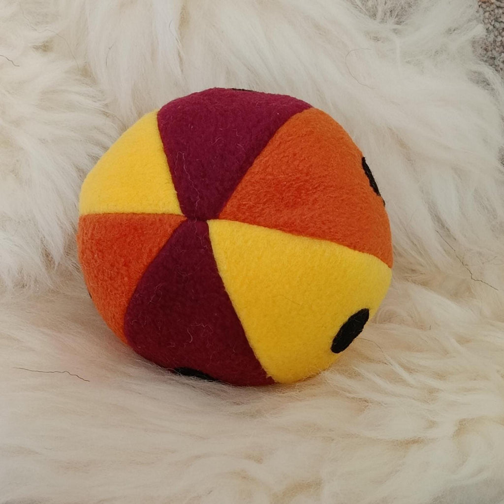 Soft Fleece dog ball with spots, soft sheepskin filled pet toy - squeaker option available