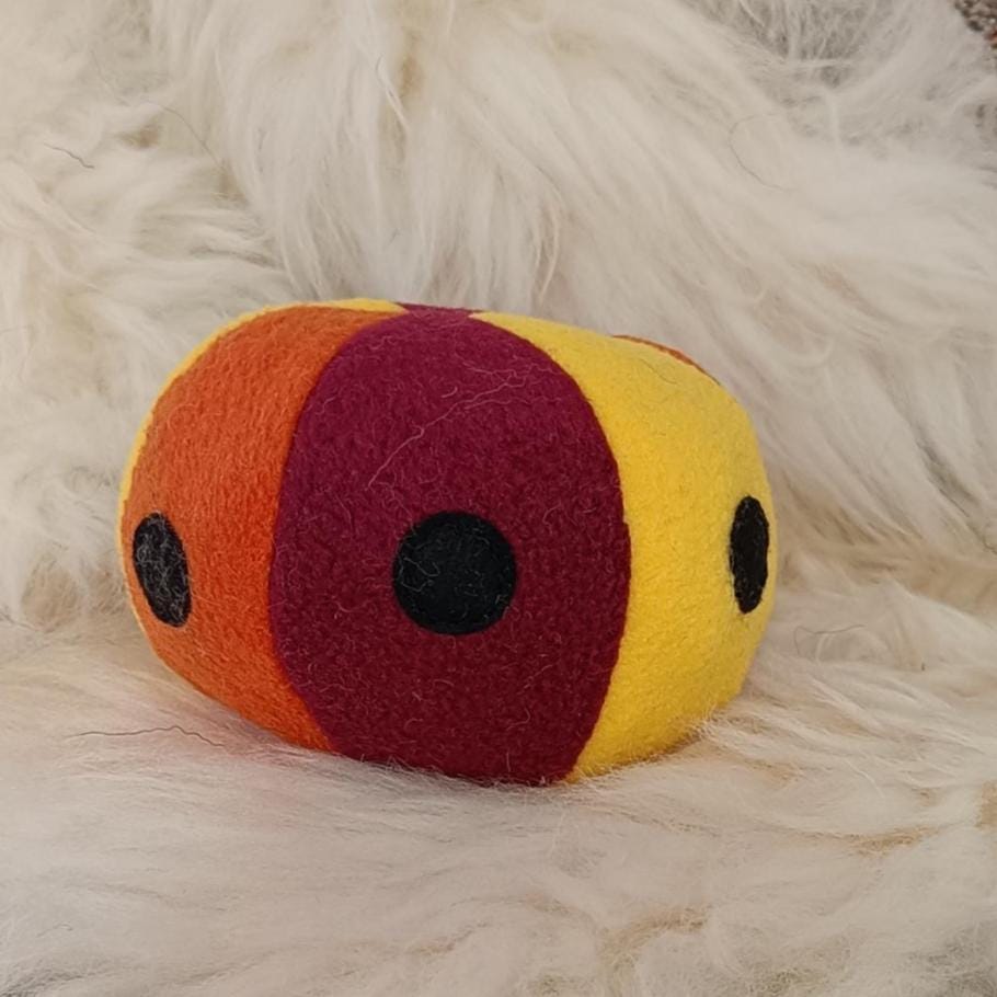 Soft Fleece dog ball with spots, soft sheepskin filled pet toy - squeaker option available