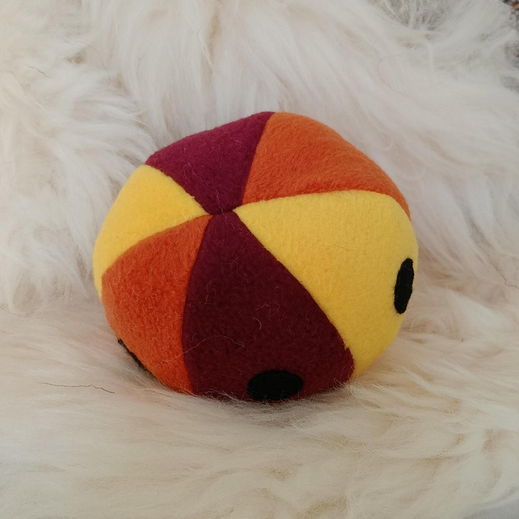Soft Fleece dog ball with spots, soft sheepskin filled pet toy - squeaker option available