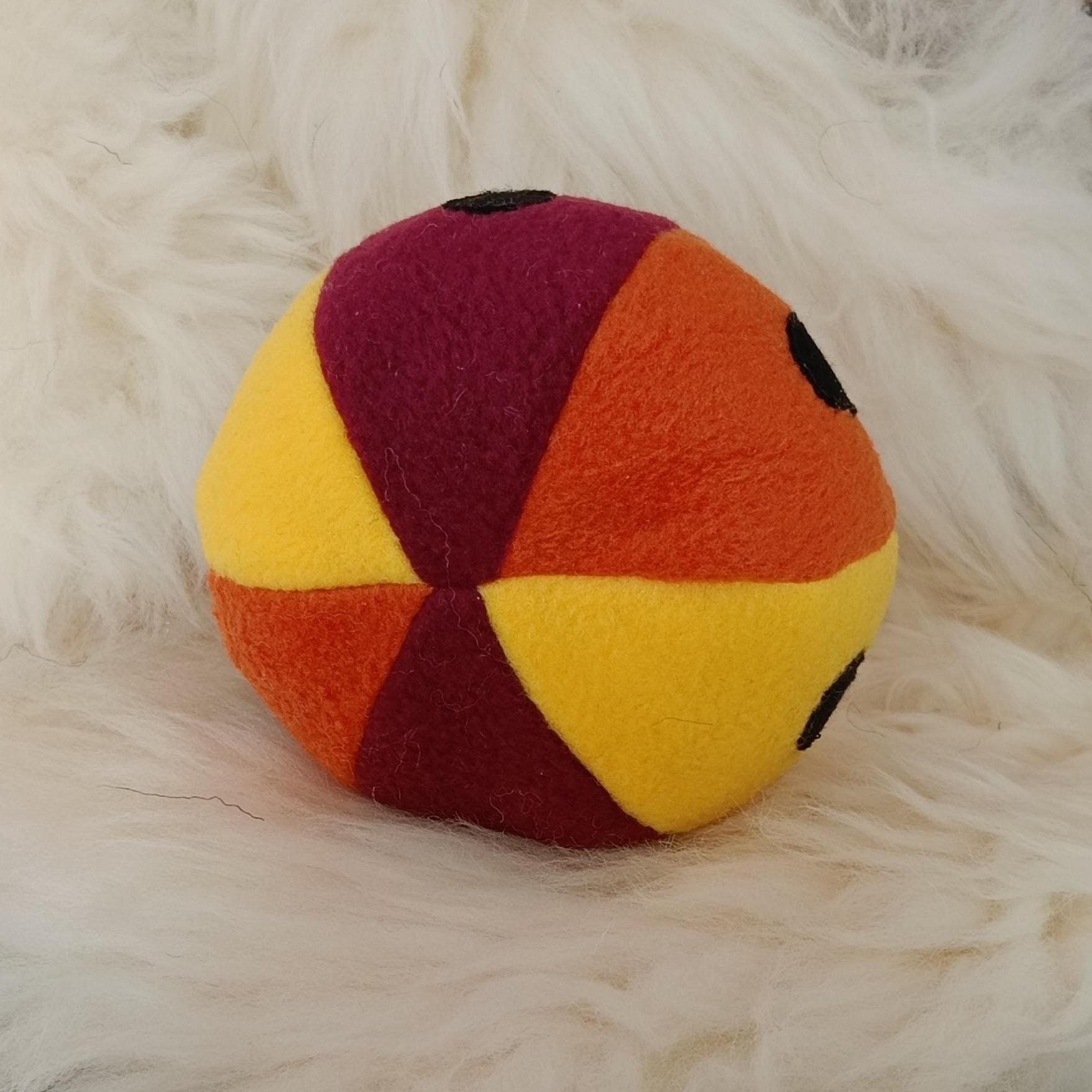 Soft Fleece dog ball with spots, soft sheepskin filled pet toy - squeaker option available
