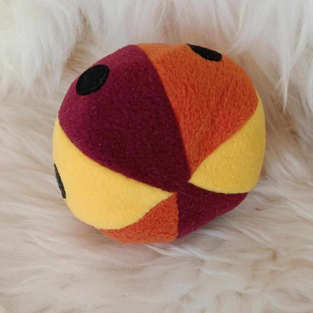 Soft Fleece dog ball with spots, soft sheepskin filled pet toy - squeaker option available