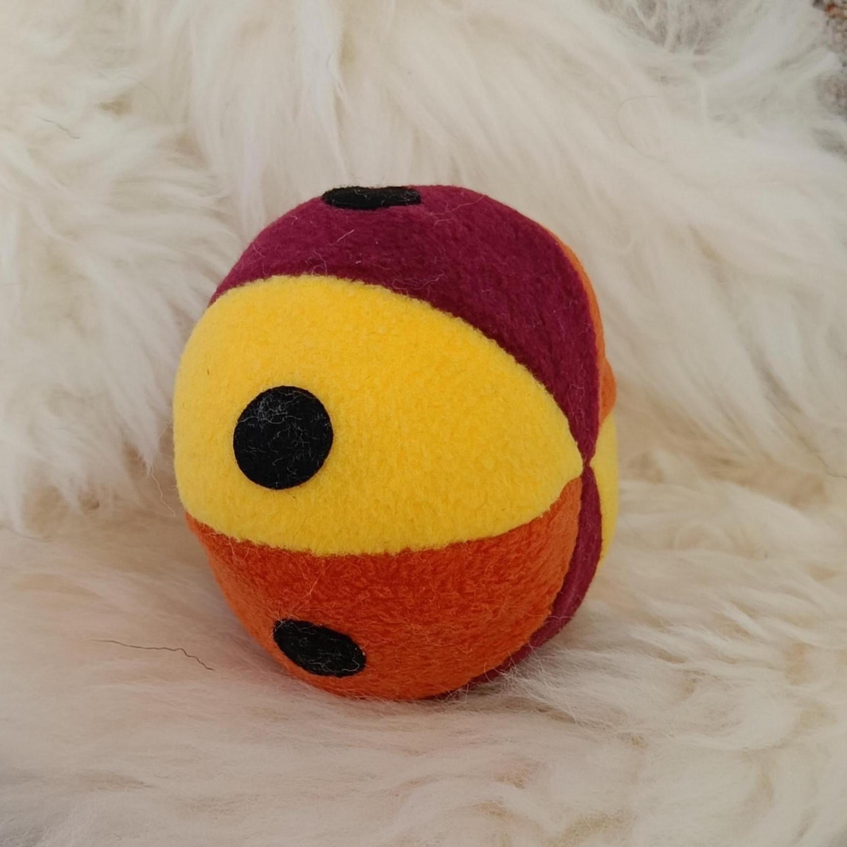 Soft Fleece dog ball with spots, soft sheepskin filled pet toy - squeaker option available