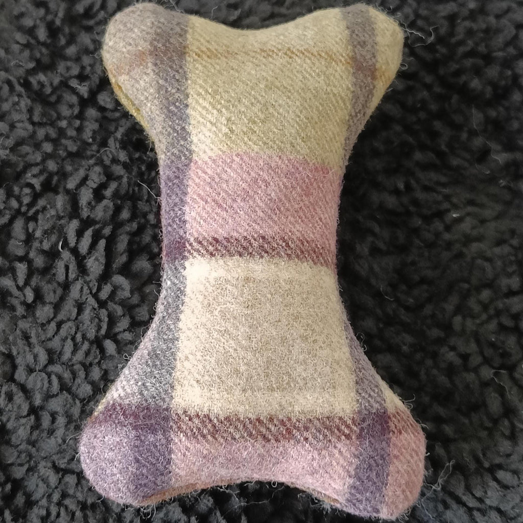 Tweed Sheepskin Filled Dog Bone Toy – Natural Wool Upholstery Fabric, Squeaker Option