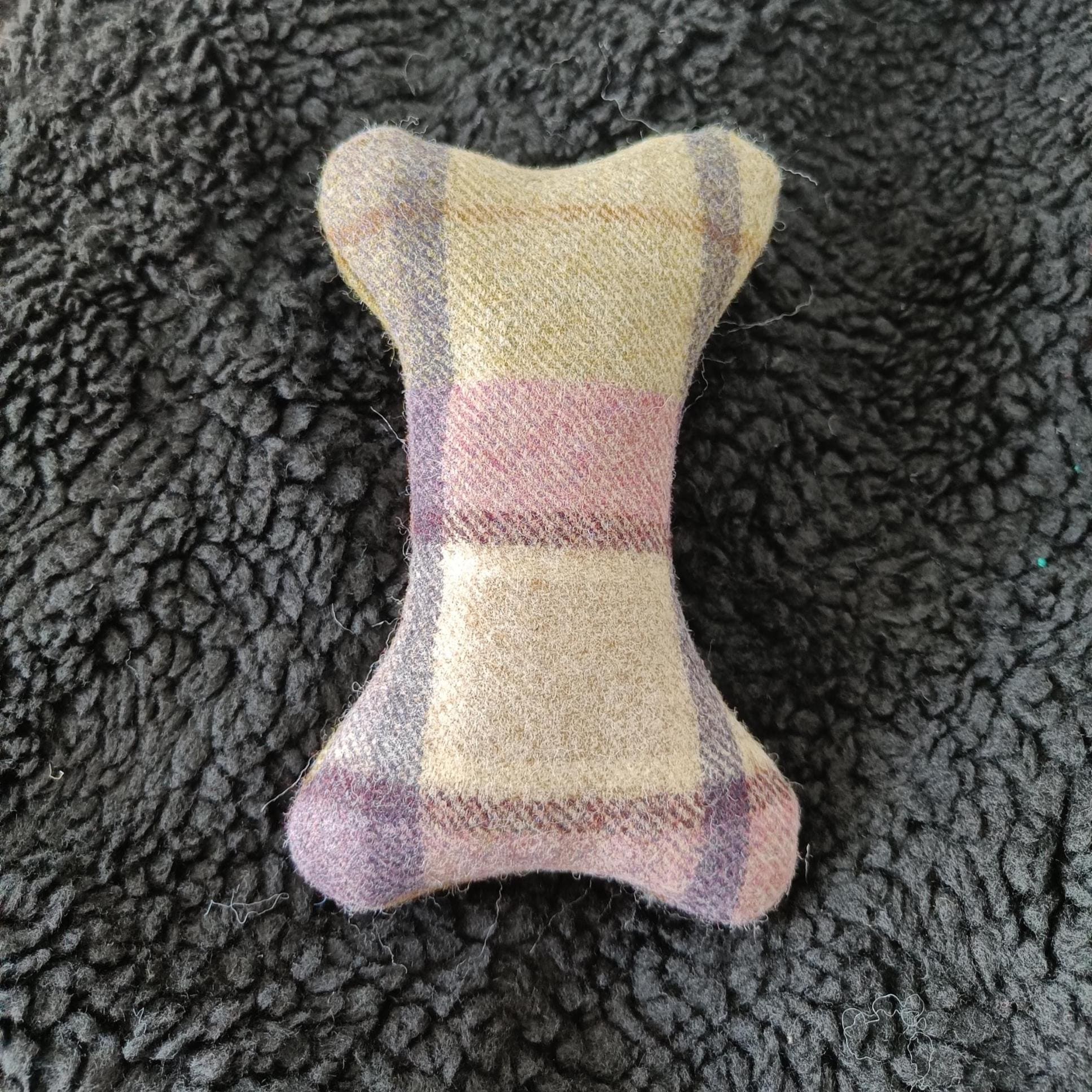 Tweed Sheepskin Filled Dog Bone Toy – Natural Wool Upholstery Fabric, Squeaker Option